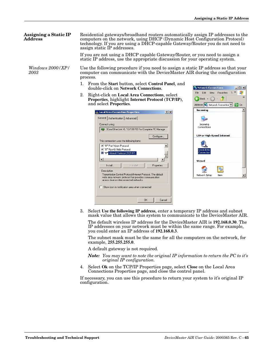 Assigning a static ip address, Windows 2000/xp/ 2003, Windows 2000/xp/2003 | Comtrol DM AIR User Manual | Page 65 / 74