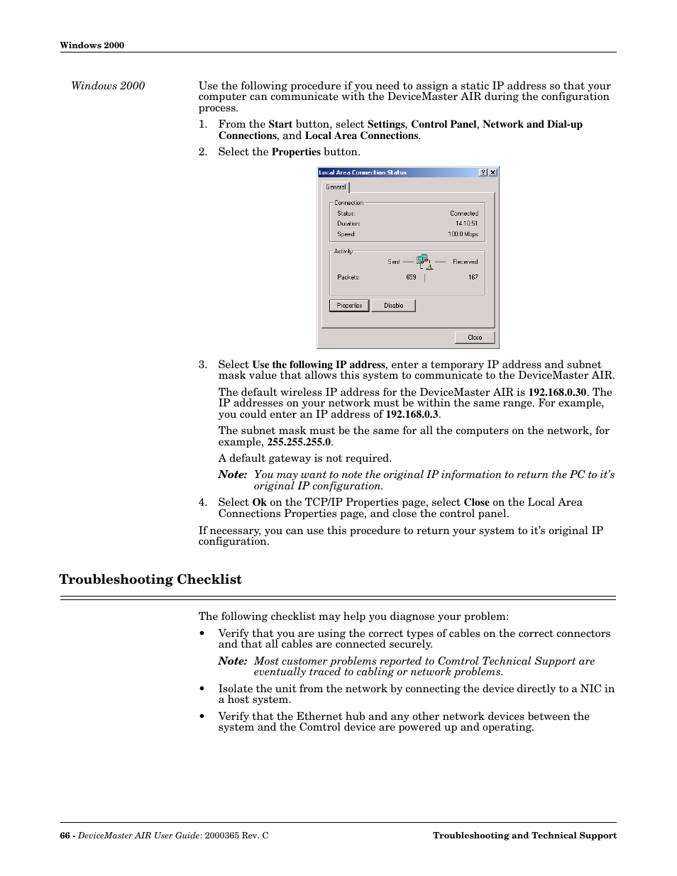 Windows 2000, Troubleshooting checklist | Comtrol DM AIR User Manual | Page 66 / 74