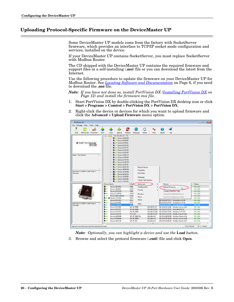 Step 2, Uploading, Protocol-specific firmware on the devicemaster up | Comtrol UP 16-Port User Manual | Page 20 / 54