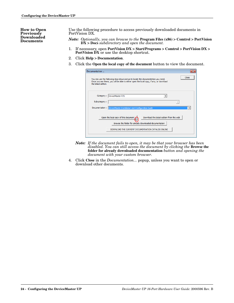 How to open previously downloaded documents, Open the previously, Downloaded documents | Comtrol UP 16-Port User Manual | Page 24 / 54