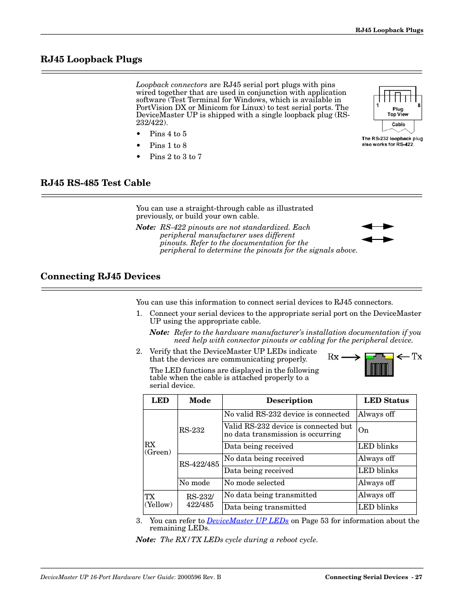 Rj45 loopback plugs, Rj45 rs-485 test cable, Connecting rj45 devices | Comtrol UP 16-Port User Manual | Page 27 / 54