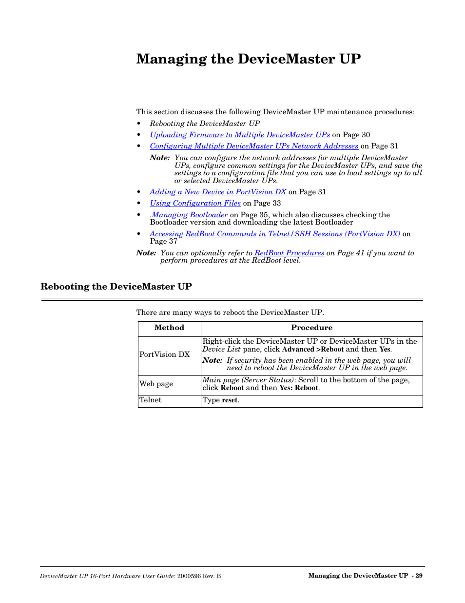 Managing the devicemaster up, Rebooting the devicemaster up | Comtrol UP 16-Port User Manual | Page 29 / 54