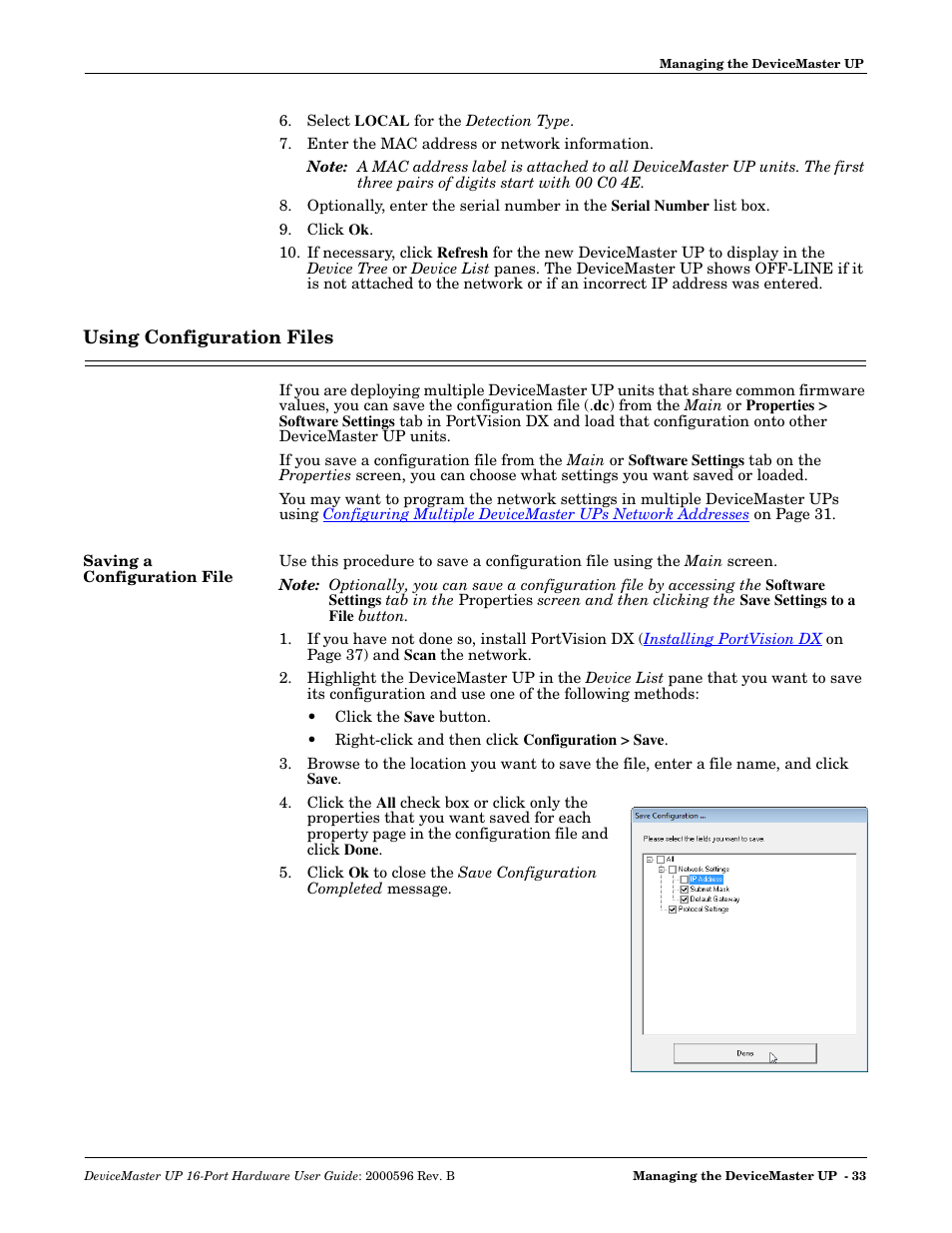 Using configuration files, Saving a configuration file | Comtrol UP 16-Port User Manual | Page 33 / 54