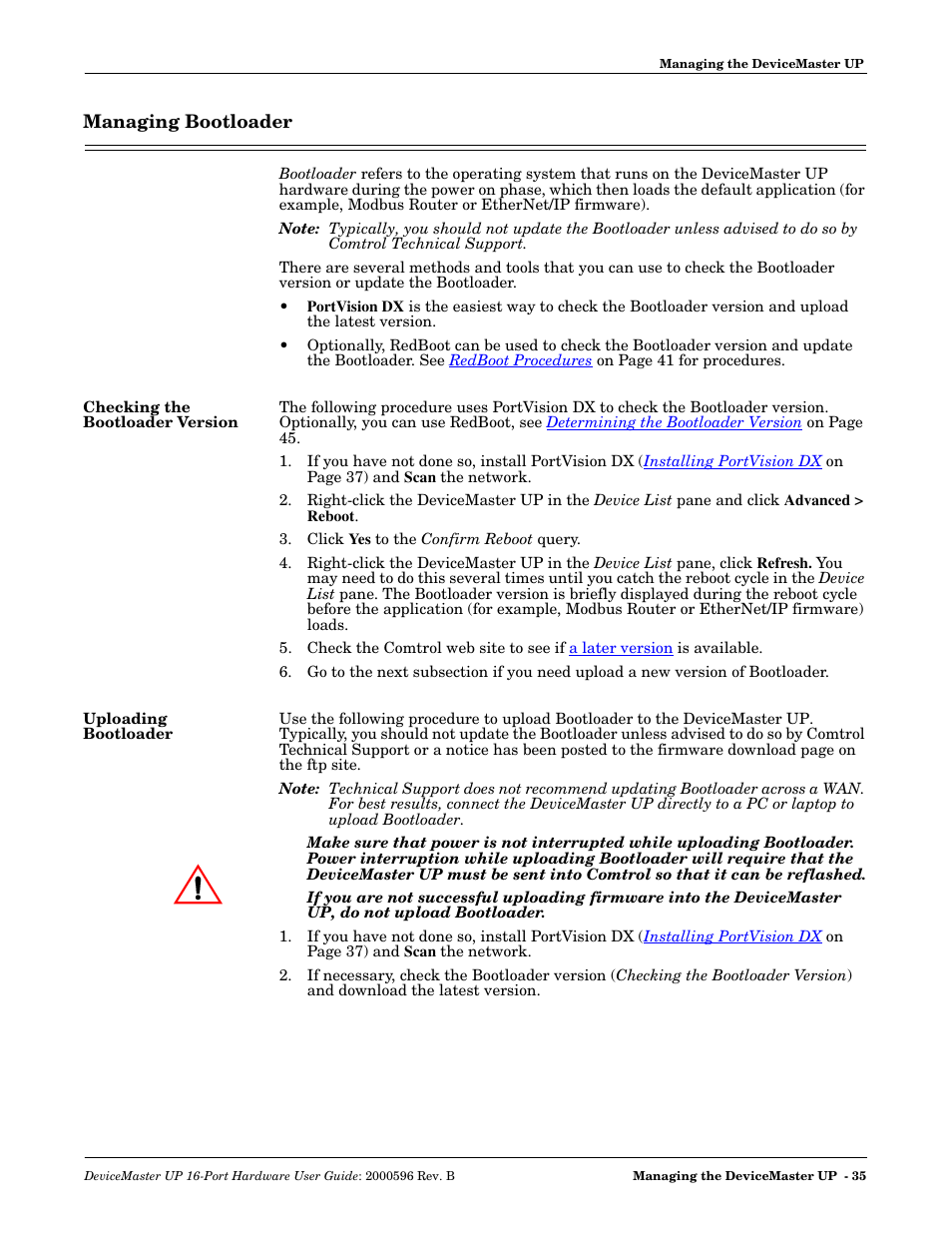 Managing bootloader, Checking the bootloader version, Uploading bootloader | Comtrol UP 16-Port User Manual | Page 35 / 54
