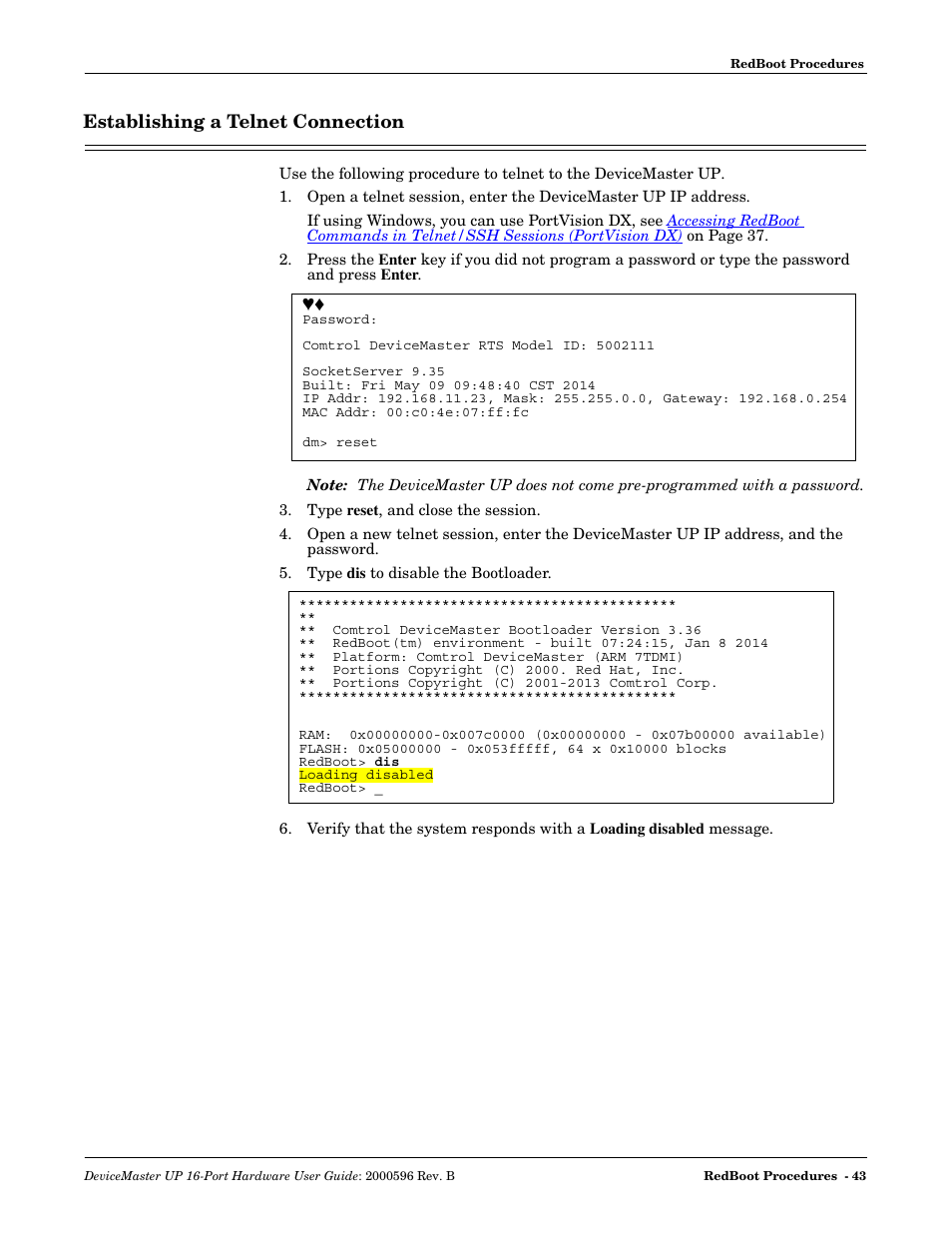 Establishing a telnet connection | Comtrol UP 16-Port User Manual | Page 43 / 54