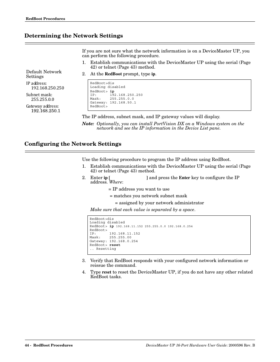 Determining the network settings, Configuring the network settings | Comtrol UP 16-Port User Manual | Page 44 / 54