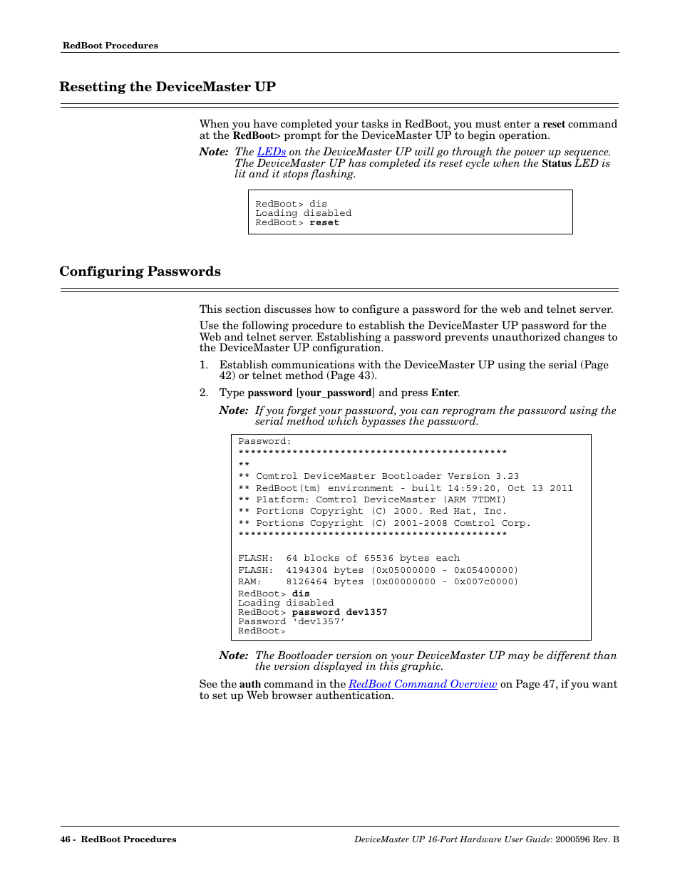 Resetting the devicemaster up, Configuring passwords | Comtrol UP 16-Port User Manual | Page 46 / 54