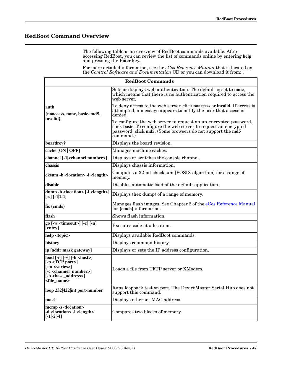 Redboot command overview, Redboot, Command overview | Comtrol UP 16-Port User Manual | Page 47 / 54