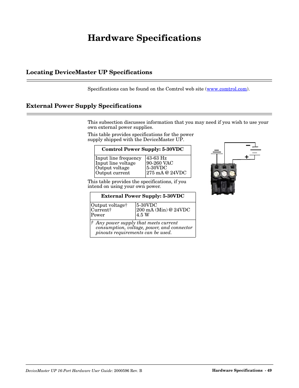 Hardware specifications, Locating devicemaster up specifications, External power supply specifications | Comtrol UP 16-Port User Manual | Page 49 / 54