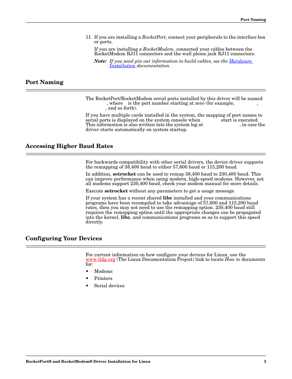 Port naming, Accessing higher baud rates, Configuring your devices | Comtrol RocketModem User Manual | Page 3 / 5