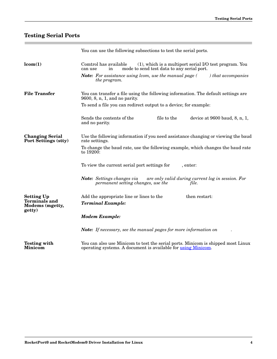 Testing serial ports, Lcom(1), File transfer | Changing serial port settings (stty), Setting up terminals and modems (mgetty, getty), Testing with minicom | Comtrol RocketModem User Manual | Page 4 / 5