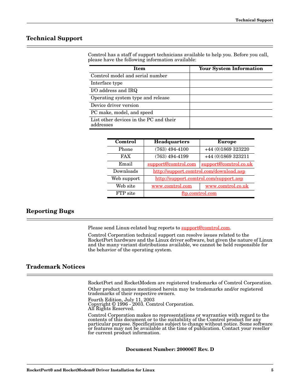 Technical support, Reporting bugs, Trademark notices | Comtrol RocketModem User Manual | Page 5 / 5