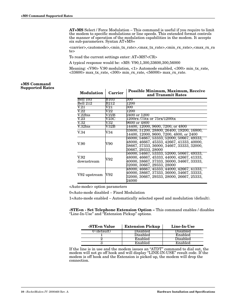 Ms command supported rates | Comtrol RM-4 User Manual | Page 10 / 19
