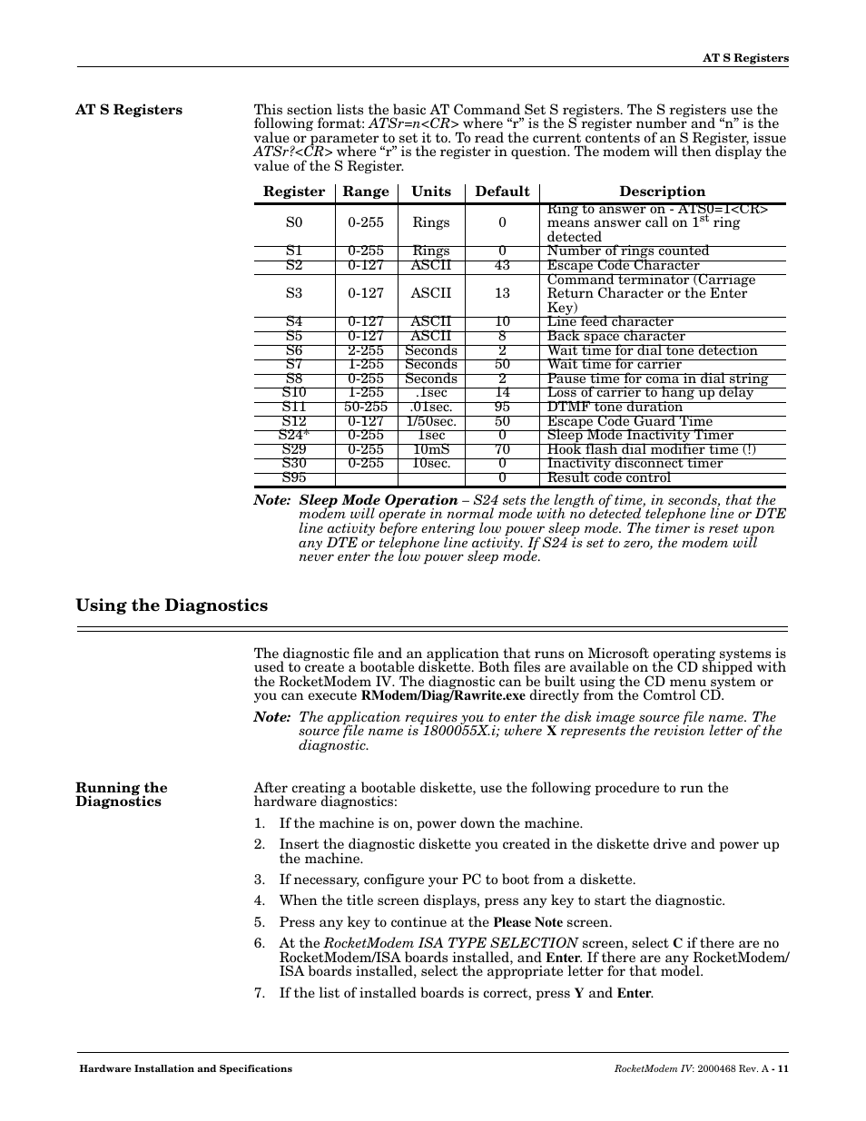 At s registers, Using the diagnostics, Running the diagnostics | Comtrol RM-4 User Manual | Page 11 / 19