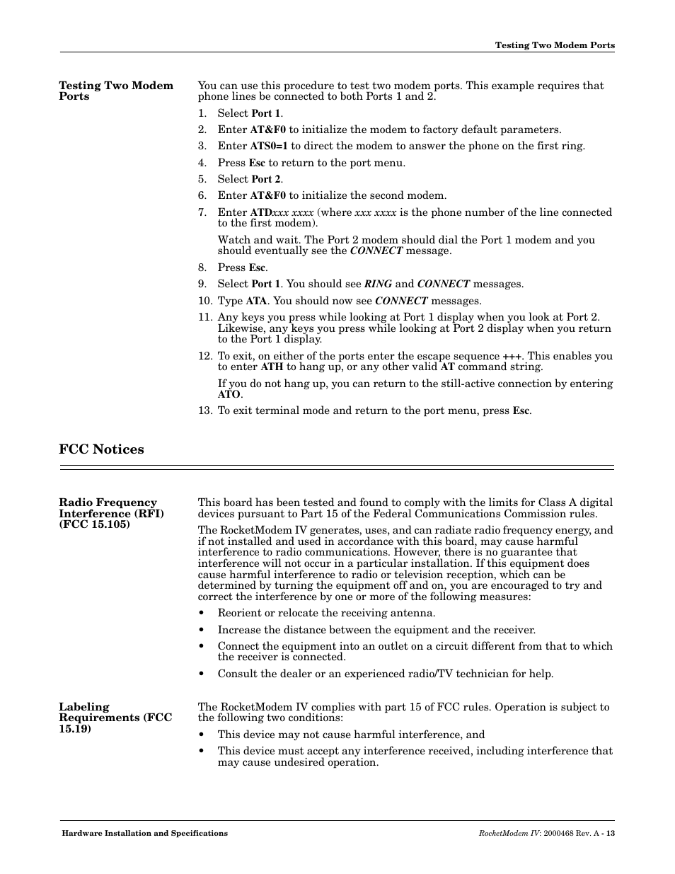 Testing two modem ports, Fcc notices, Radio frequency interference (rfi) (fcc 15.105) | Labeling requirements (fcc 15.19) | Comtrol RM-4 User Manual | Page 13 / 19