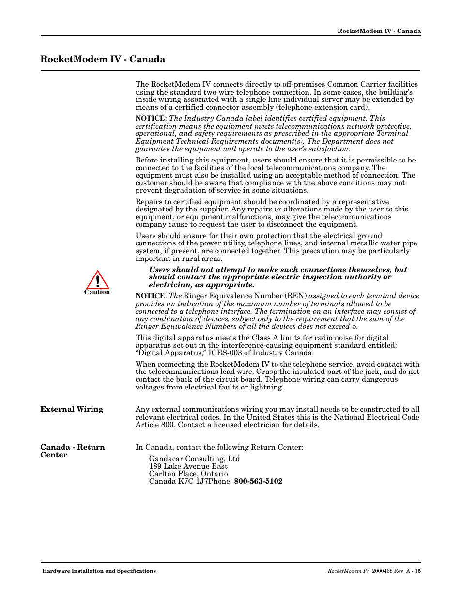 Rocketmodem iv - canada, External wiring, Canada - return center | Comtrol RM-4 User Manual | Page 15 / 19