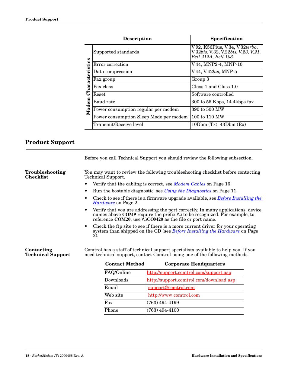 Product support, Troubleshooting checklist, Contacting technical support | Comtrol RM-4 User Manual | Page 18 / 19