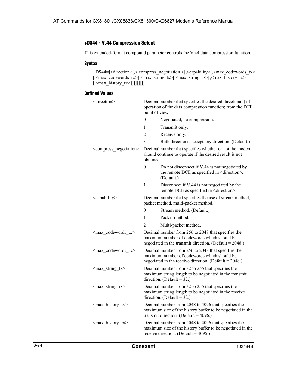 Ds44 - v.44 compression select, Syntax, Defined values | Comtrol AT Commands User Manual | Page 100 / 206