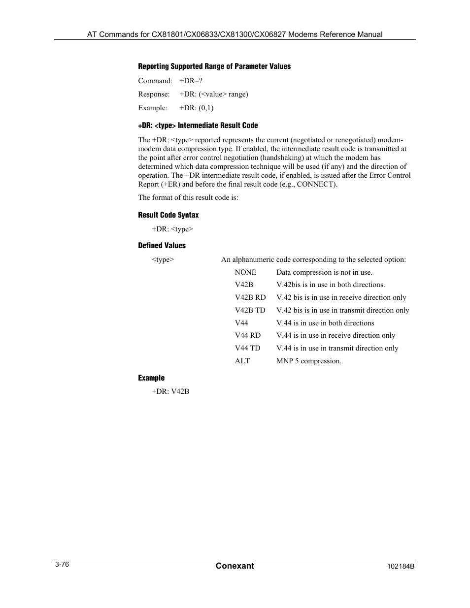 Reporting supported range of parameter values, Dr: <type> intermediate result code, Result code syntax | Defined values, Example | Comtrol AT Commands User Manual | Page 102 / 206