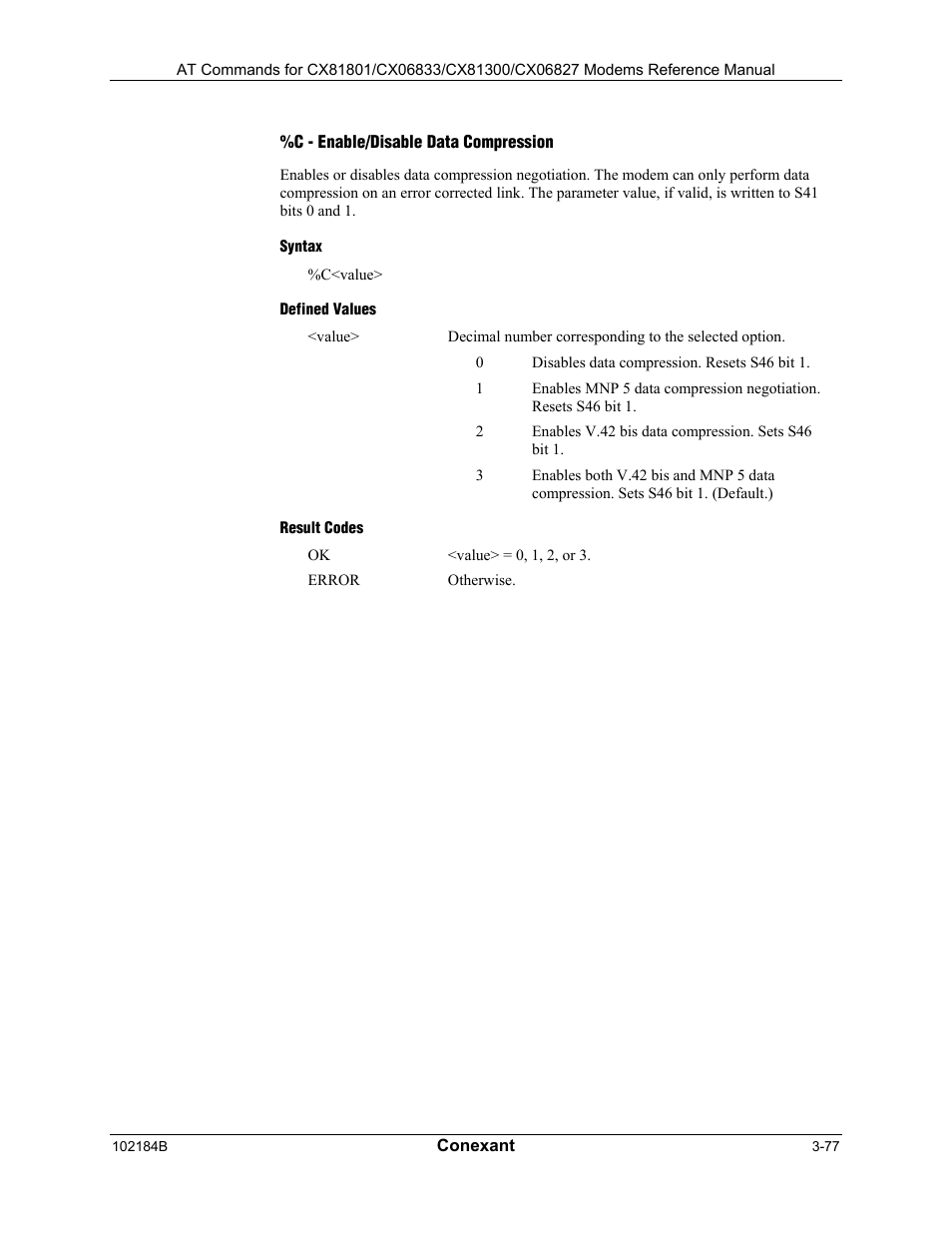 C - enable/disable data compression, Syntax, Defined values | Result codes | Comtrol AT Commands User Manual | Page 103 / 206