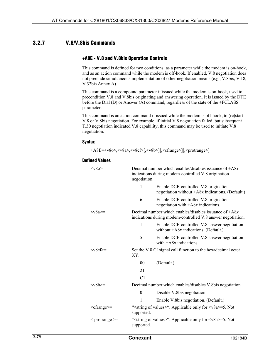 V.8/v.8bis commands, A8e - v.8 and v.8bis operation controls, Syntax | Defined values | Comtrol AT Commands User Manual | Page 104 / 206