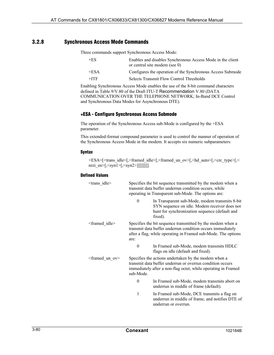 Synchronous access mode commands, Esa - configure synchronous access submode, Syntax | Defined values | Comtrol AT Commands User Manual | Page 106 / 206
