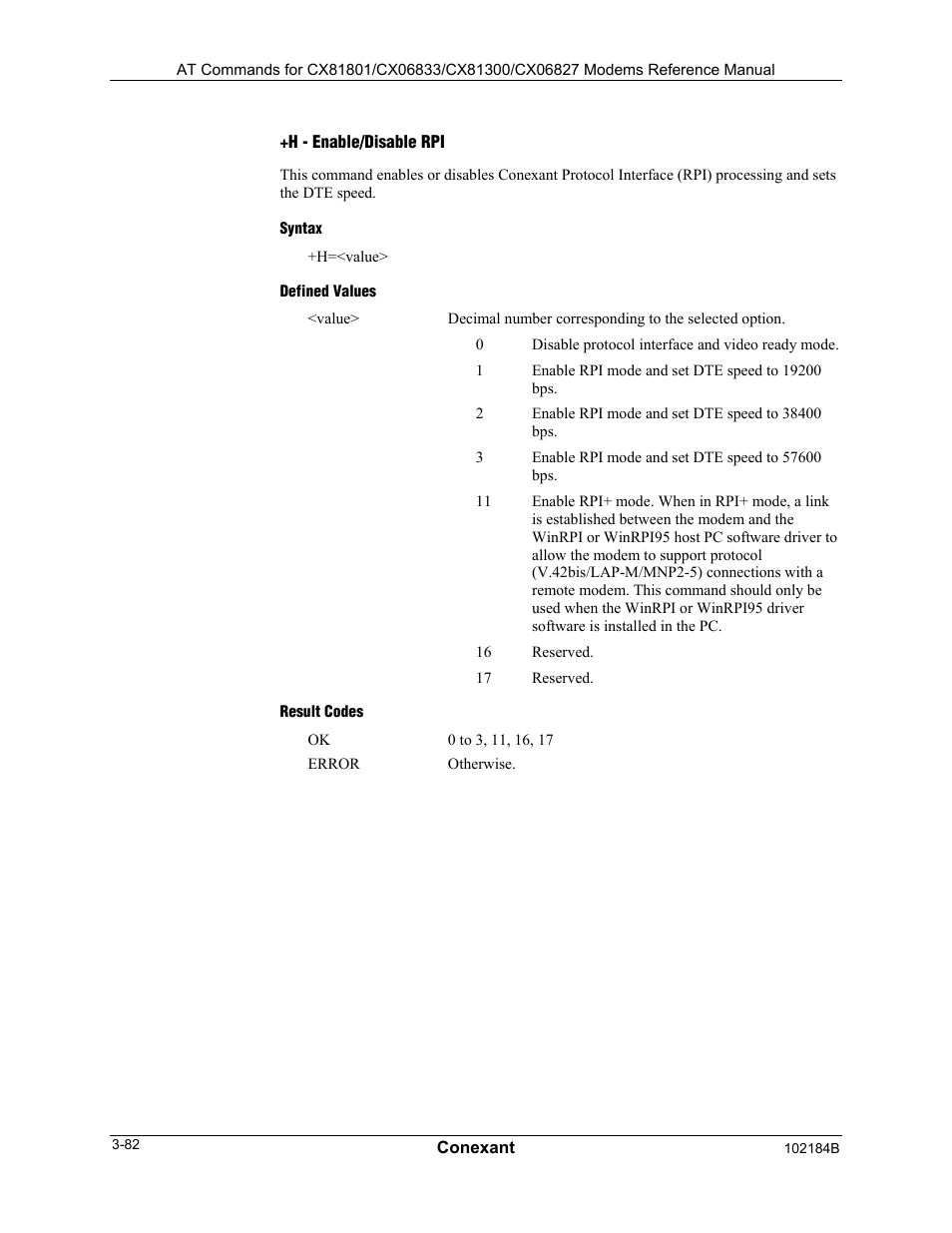 H - enable/disable rpi, Syntax, Defined values | Result codes | Comtrol AT Commands User Manual | Page 108 / 206
