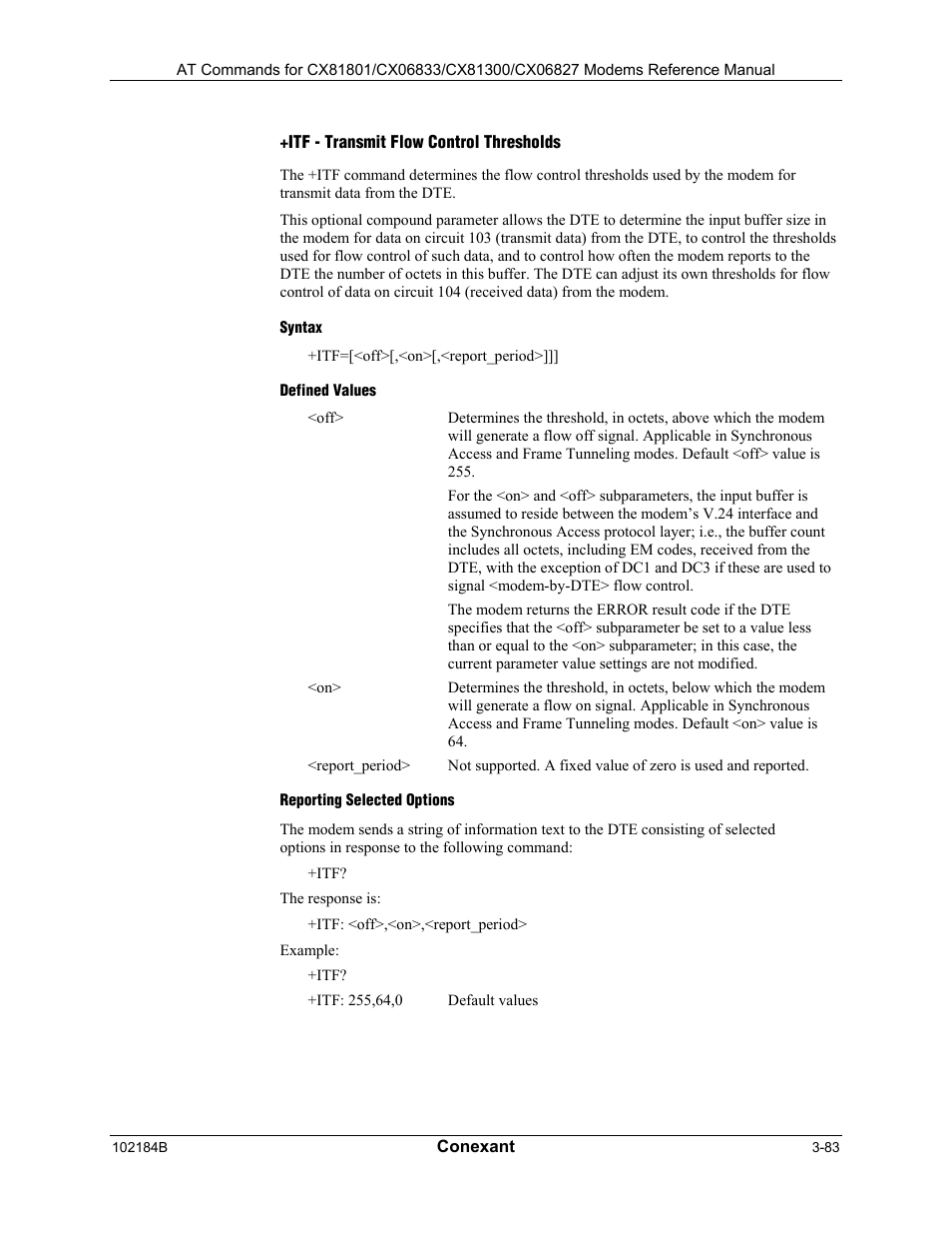 Itf - transmit flow control thresholds, Syntax, Defined values | Reporting selected options | Comtrol AT Commands User Manual | Page 109 / 206
