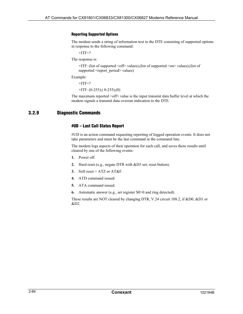 Reporting supported options, Diagnostic commands, Ud – last call status report | Comtrol AT Commands User Manual | Page 110 / 206