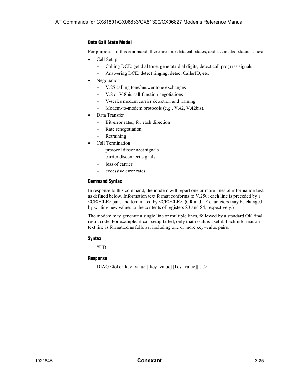 Data call state model, Command syntax, Syntax | Response | Comtrol AT Commands User Manual | Page 111 / 206