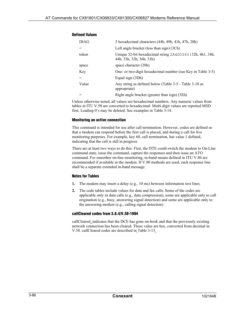 Defined values, Monitoring an active connection, Notes for tables | Callcleared codes from 3.6.4/v.58-1994 | Comtrol AT Commands User Manual | Page 112 / 206