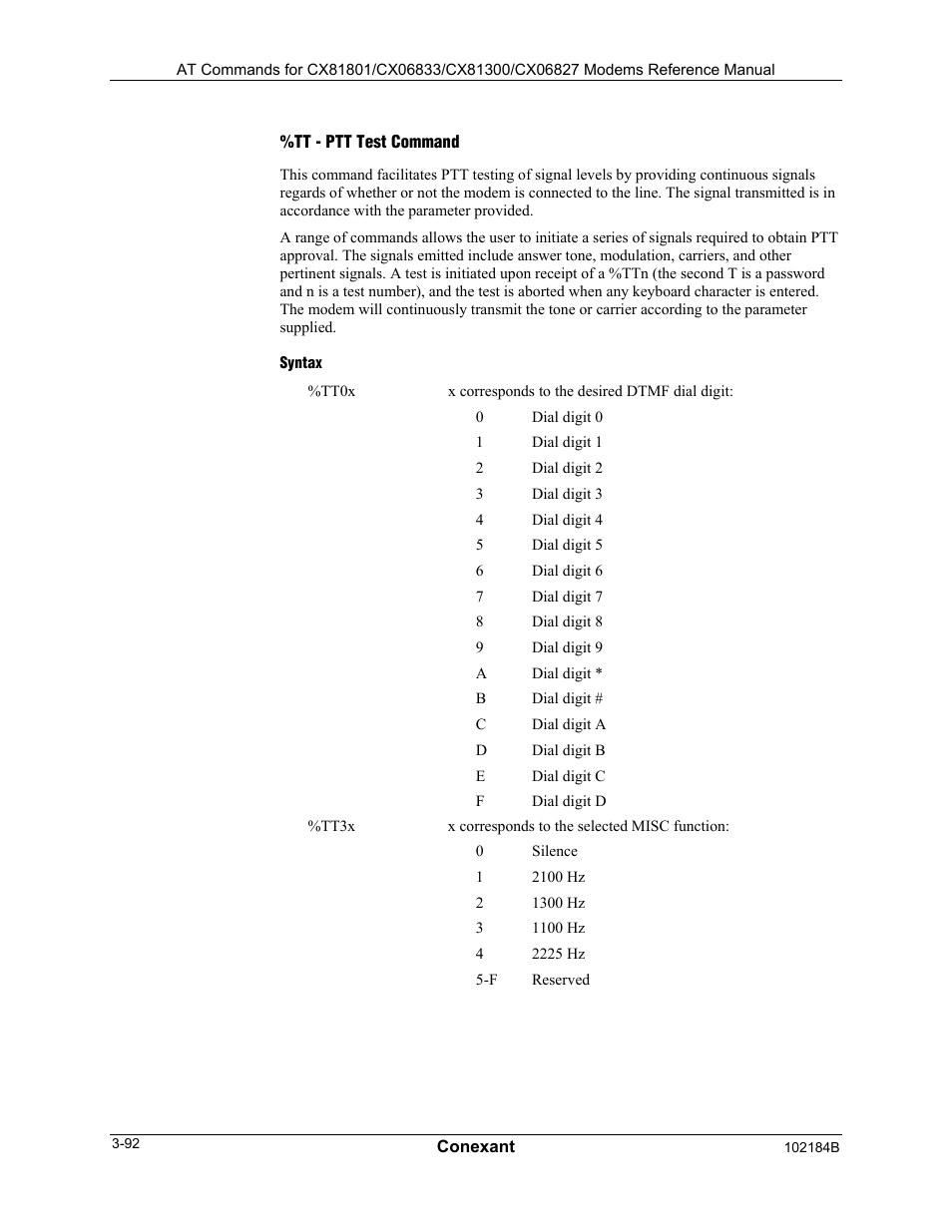 Tt - ptt test command, Syntax | Comtrol AT Commands User Manual | Page 118 / 206