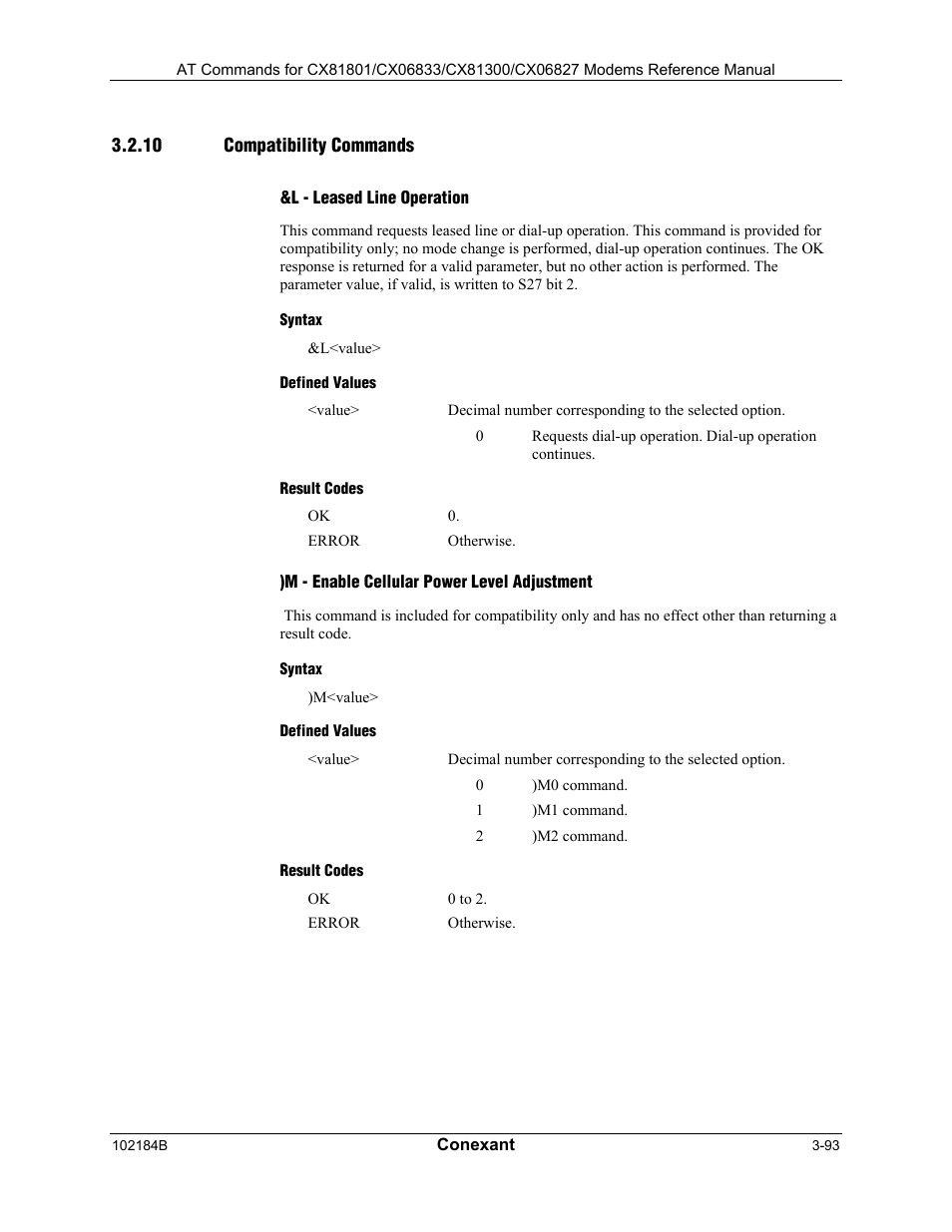 Compatibility commands, L - leased line operation, Syntax | Defined values, Result codes, M - enable cellular power level adjustment | Comtrol AT Commands User Manual | Page 119 / 206