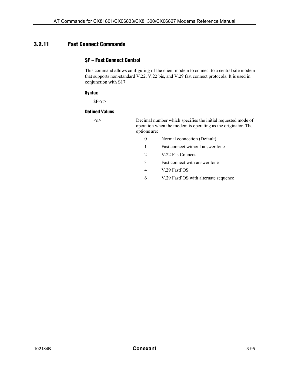 Fast connect commands, F – fast connect control, Syntax | Defined values | Comtrol AT Commands User Manual | Page 121 / 206