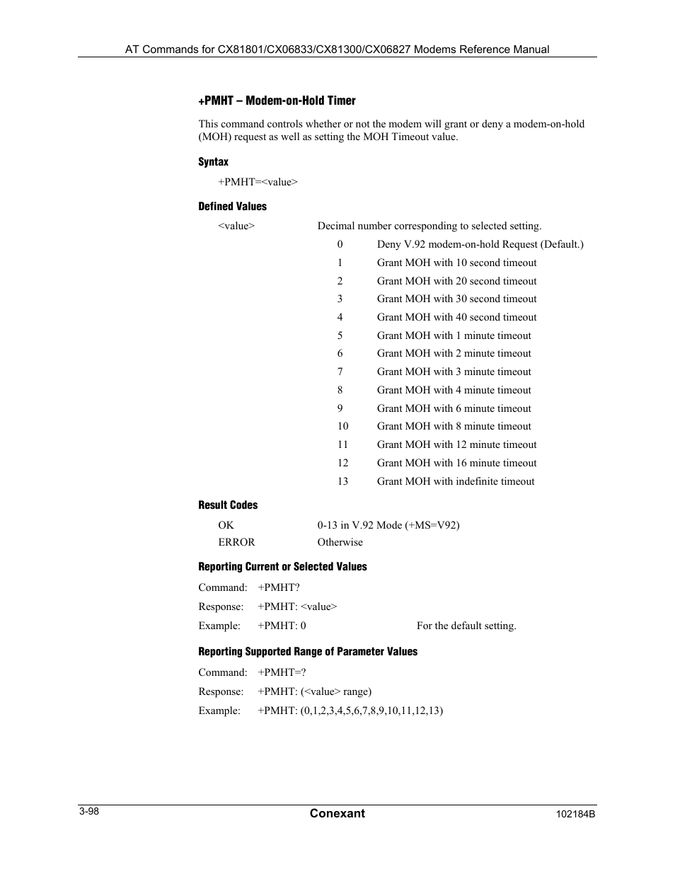 Pmht – modem-on-hold timer, Syntax, Defined values | Result codes, Reporting current or selected values, Reporting supported range of parameter values | Comtrol AT Commands User Manual | Page 124 / 206