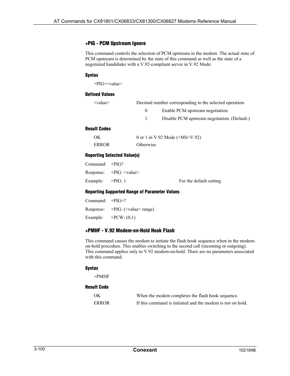 Pig - pcm upstream ignore, Syntax, Defined values | Result codes, Reporting selected value(s), Reporting supported range of parameter values, Pmhf - v.92 modem-on-hold hook flash, Result code | Comtrol AT Commands User Manual | Page 126 / 206