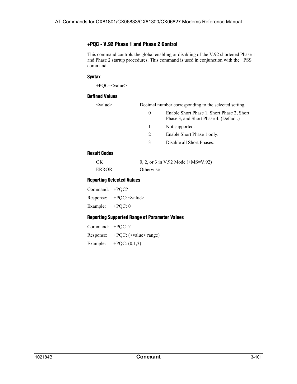 Pqc - v.92 phase 1 and phase 2 control, Syntax, Defined values | Result codes, Reporting selected values, Reporting supported range of parameter values | Comtrol AT Commands User Manual | Page 127 / 206
