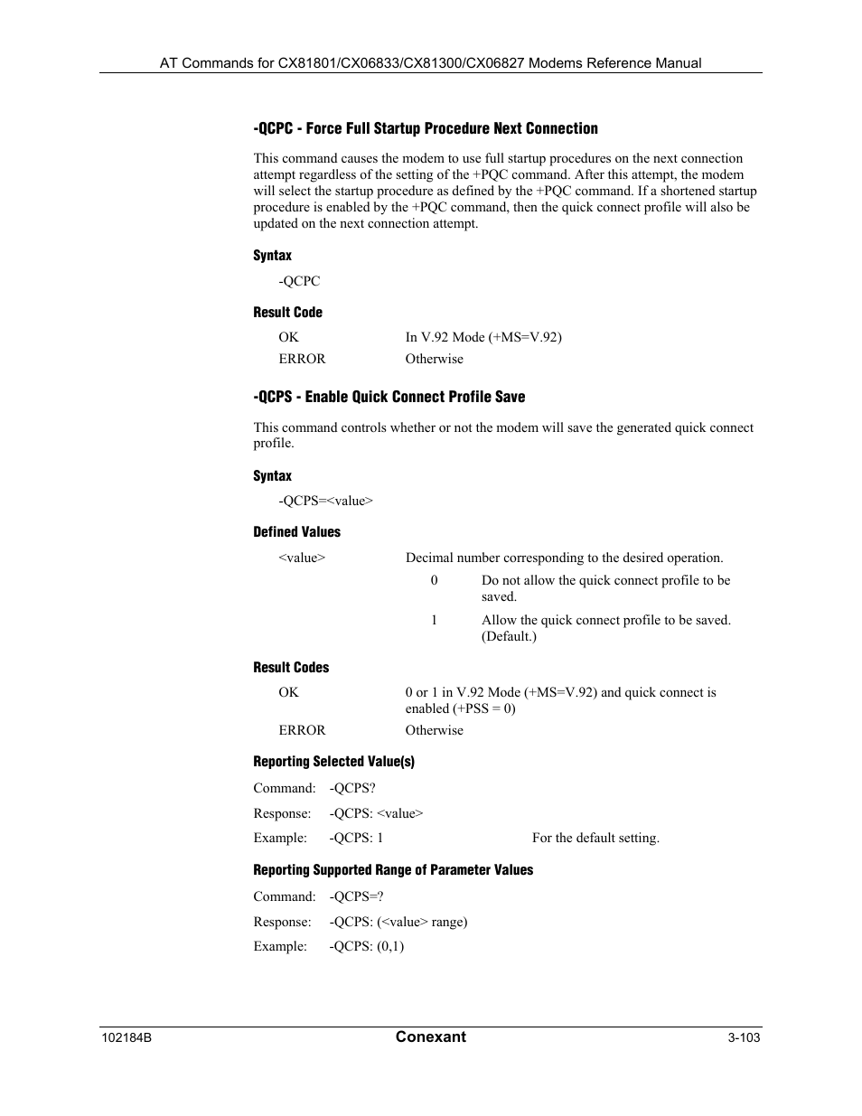 Syntax, Result code, Qcps - enable quick connect profile save | Defined values, Result codes, Reporting selected value(s), Reporting supported range of parameter values | Comtrol AT Commands User Manual | Page 129 / 206