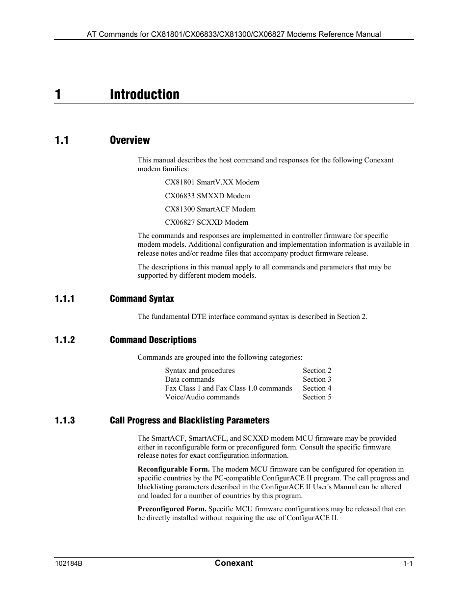 Introduction, Overview, Command syntax | Command descriptions, Call progress and blacklisting parameters, 1introduction, 1 overview | Comtrol AT Commands User Manual | Page 13 / 206