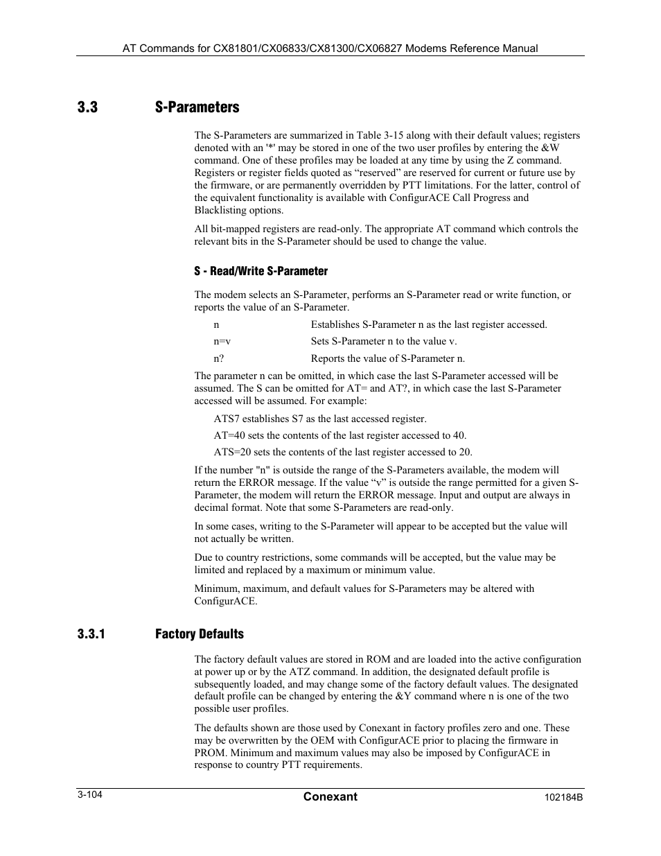 S-parameters, S - read/write s-parameter, Factory defaults | 3 s-parameters | Comtrol AT Commands User Manual | Page 130 / 206