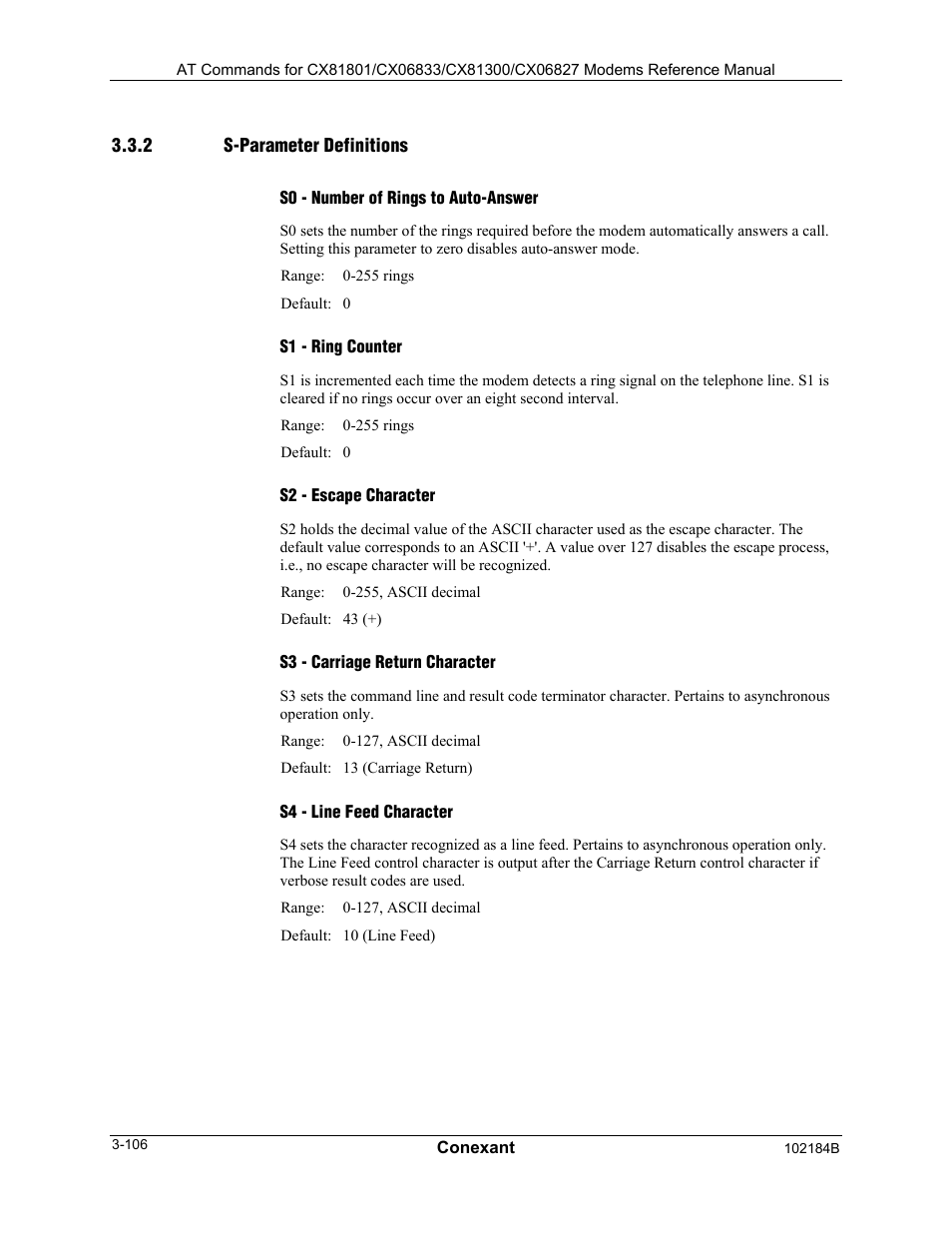 S-parameter definitions, S0 - number of rings to auto-answer, S1 - ring counter | S2 - escape character, S3 - carriage return character, S4 - line feed character | Comtrol AT Commands User Manual | Page 132 / 206