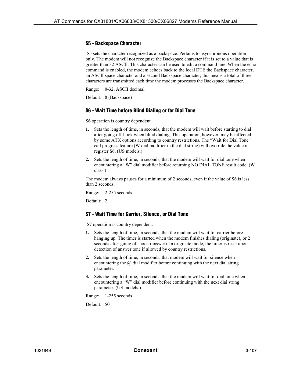 S5 - backspace character, S7 - wait time for carrier, silence, or dial tone | Comtrol AT Commands User Manual | Page 133 / 206