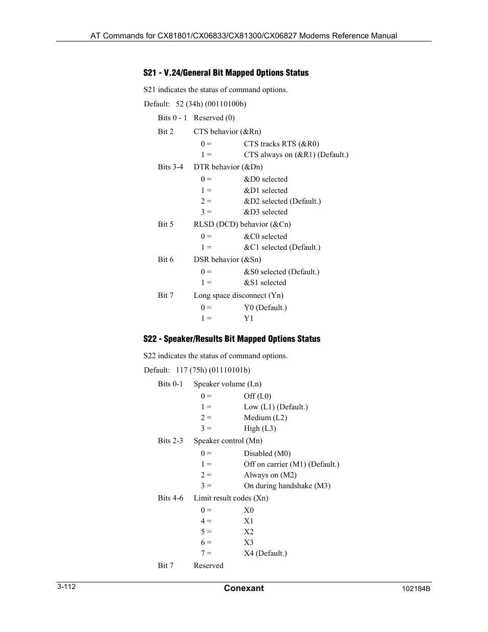 S21 - v.24/general bit mapped options status, S22 - speaker/results bit mapped options status | Comtrol AT Commands User Manual | Page 138 / 206