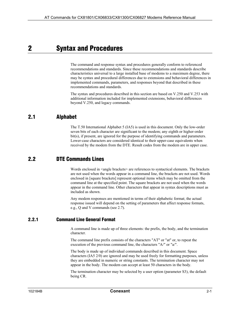 Syntax and procedures, Alphabet, Dte commands lines | Command line general format, 2syntax and procedures | Comtrol AT Commands User Manual | Page 15 / 206