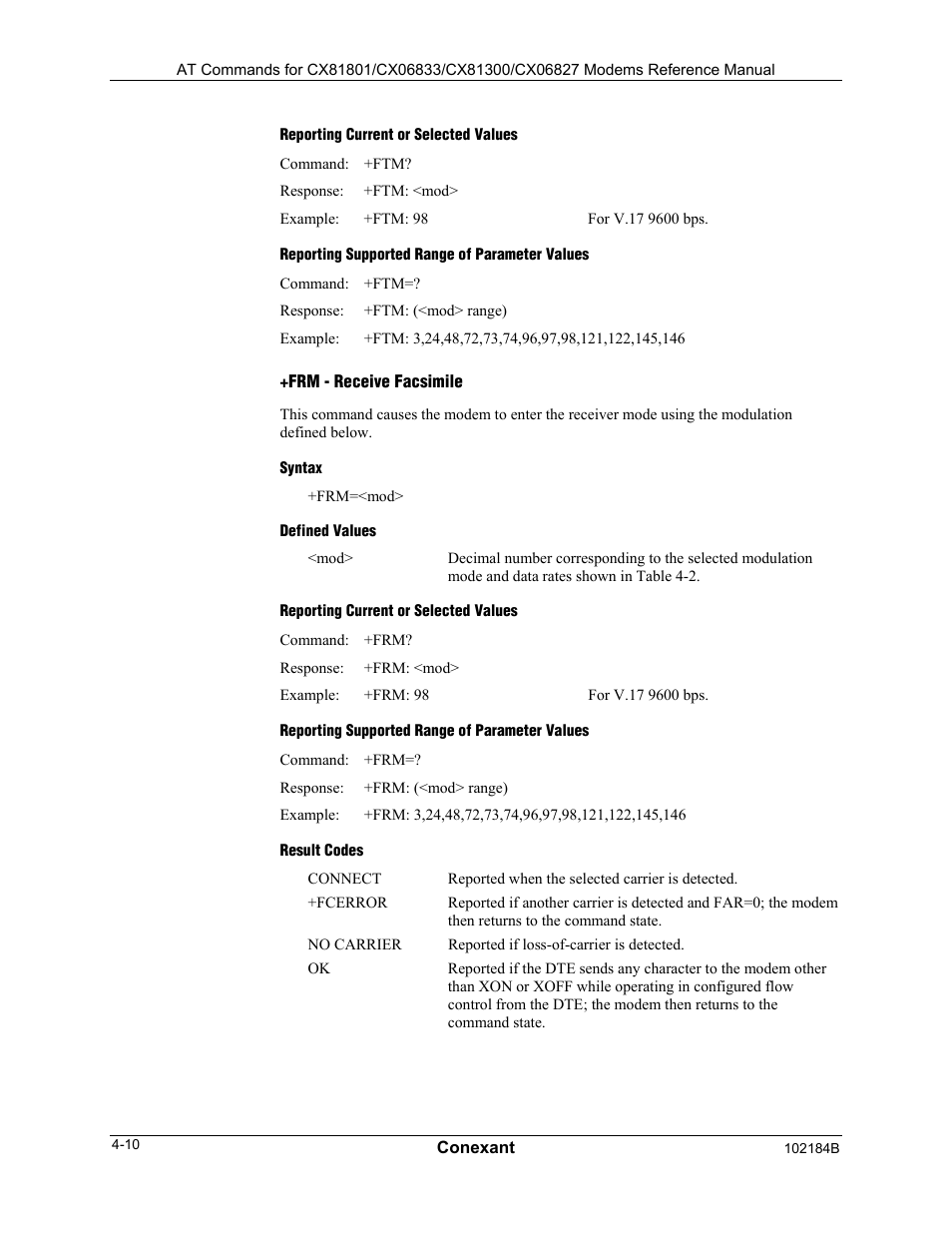 Frs - receive silence, Syntax, Defined values | Result codes, Reporting supported range of parameter values | Comtrol AT Commands User Manual | Page 164 / 206