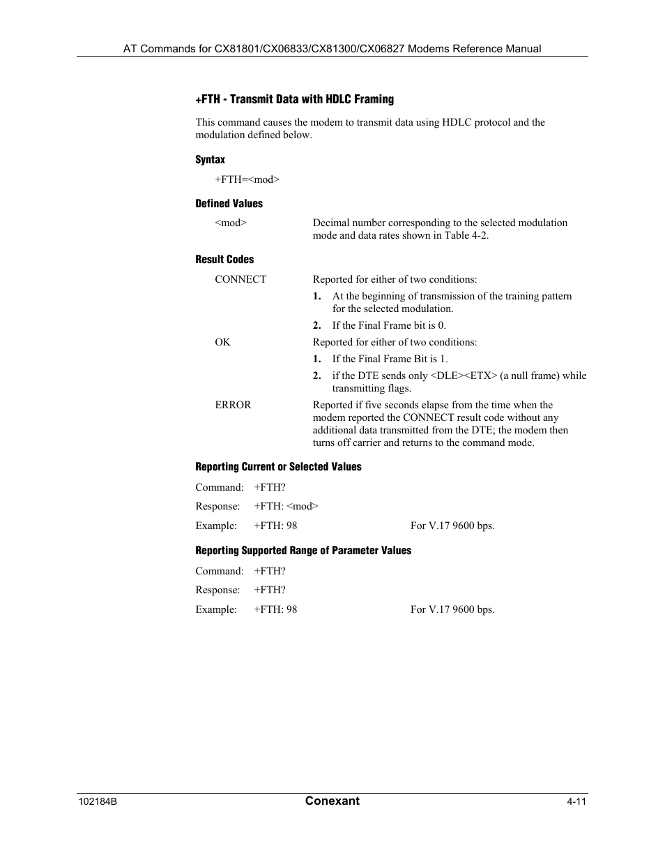 Ftm - transmit facsimile, Syntax, Defined values | Result codes | Comtrol AT Commands User Manual | Page 165 / 206