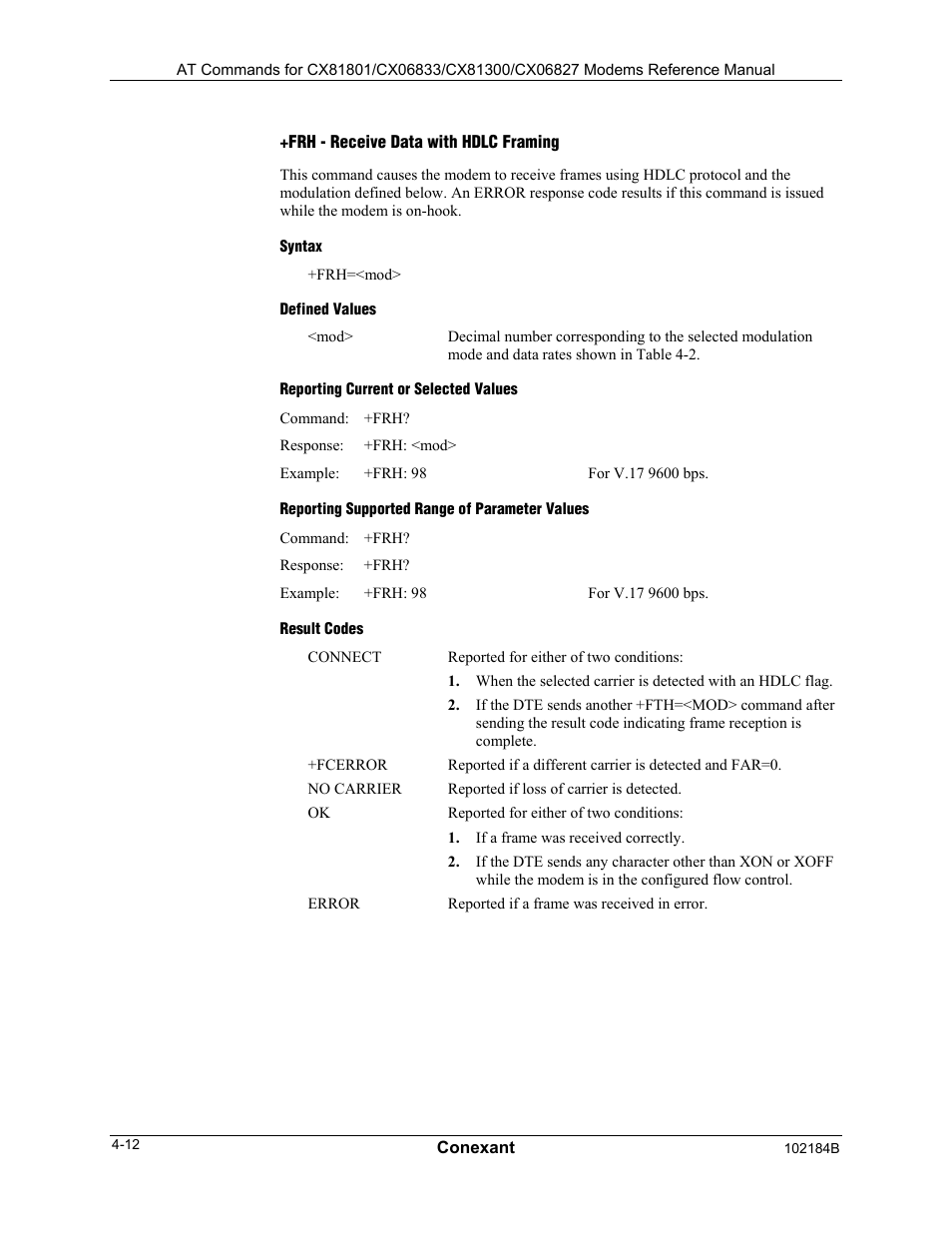 Reporting current or selected values, Reporting supported range of parameter values, Frm - receive facsimile | Syntax, Defined values, Result codes | Comtrol AT Commands User Manual | Page 166 / 206