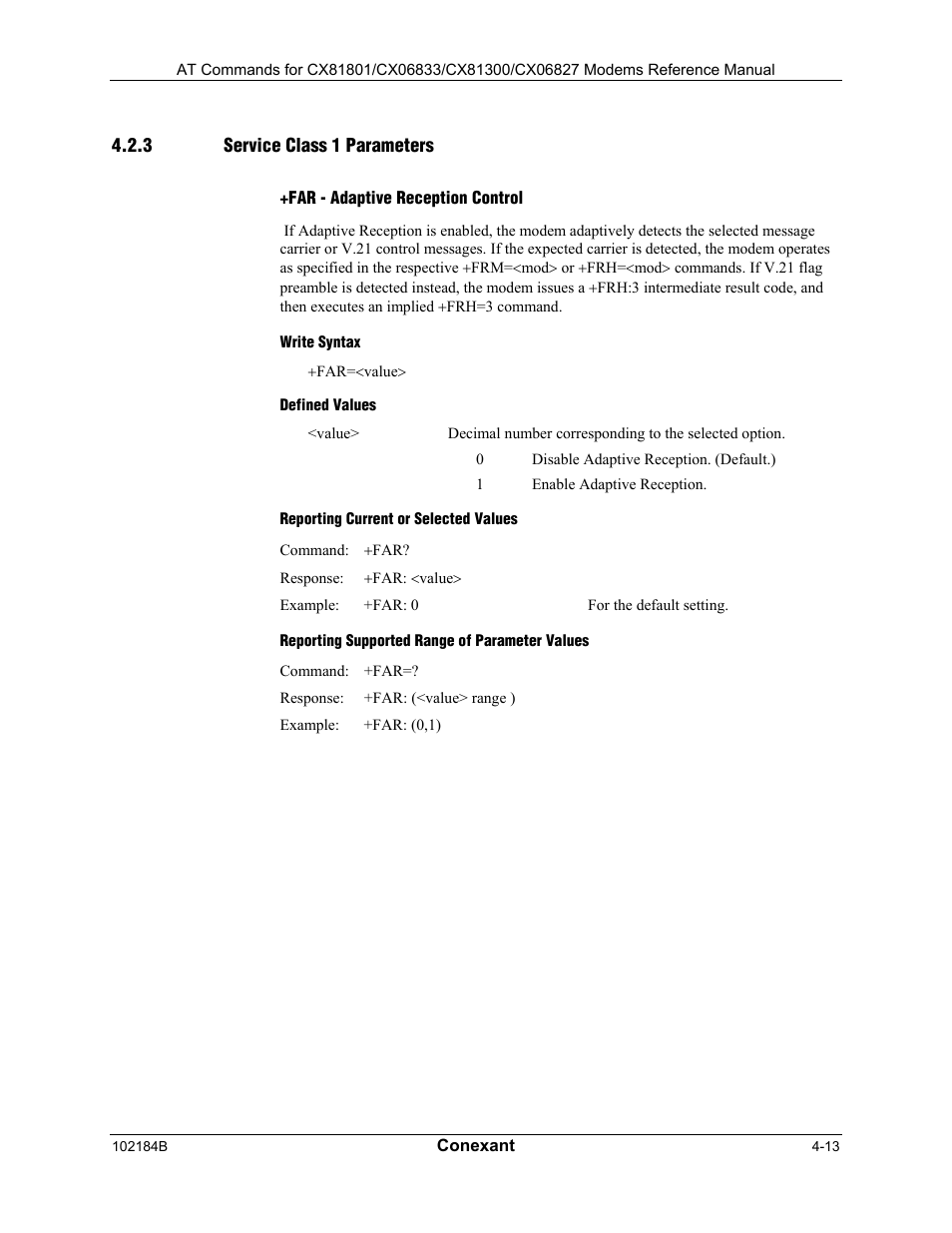 Fth - transmit data with hdlc framing, Syntax, Defined values | Result codes, Reporting current or selected values, Reporting supported range of parameter values | Comtrol AT Commands User Manual | Page 167 / 206