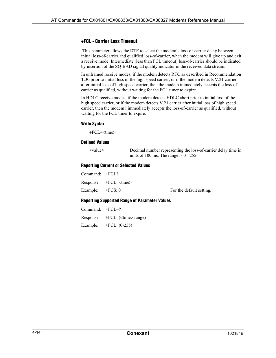 Frh - receive data with hdlc framing, Syntax, Defined values | Reporting current or selected values, Reporting supported range of parameter values, Result codes | Comtrol AT Commands User Manual | Page 168 / 206