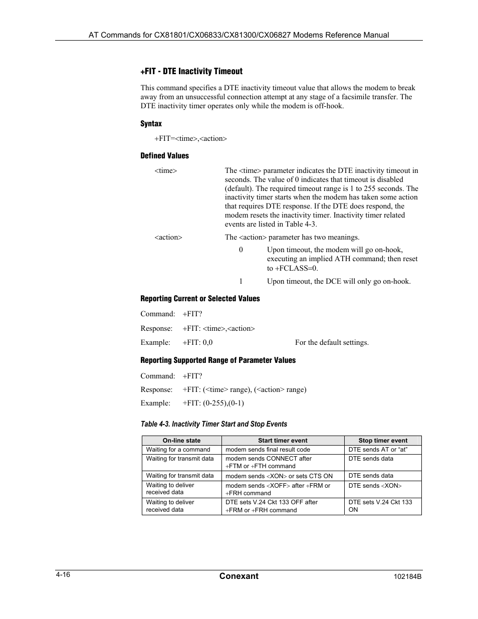 Fcl - carrier loss timeout, Write syntax, Defined values | Reporting current or selected values, Reporting supported range of parameter values | Comtrol AT Commands User Manual | Page 170 / 206